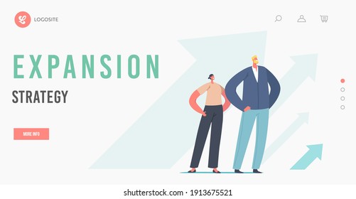 Expansion Strategy Landing Page Template. Successful Business Leaders Characters Grow, Financial Success, Career Growth. People Stand at Rising Arrows, Move to Success. Cartoon Vector Illustration