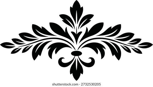 Elemento ornamental preto expansivo com um oval central e motivos de folhagem graciosamente arrebatadores, ideal para bordas elegantes.