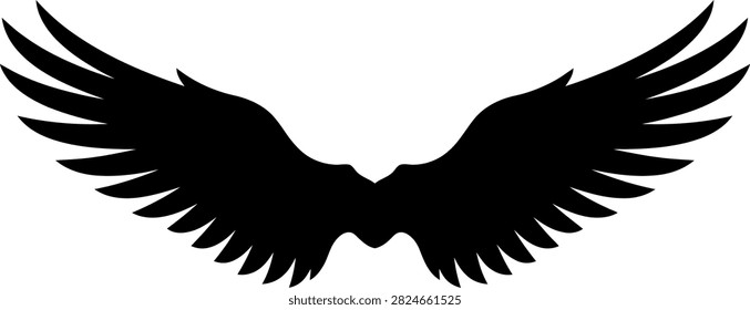 Expansive black silhouette of spread bird wings isolated on white background with silhouette isolated wildlife wingspan