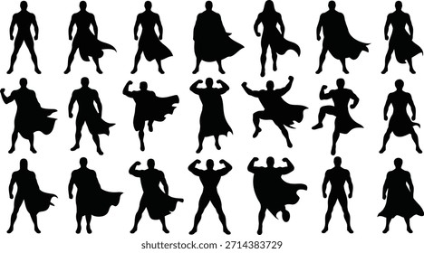 An expansive collection of superhero silhouettes, capturing diverse action and power poses with dramatic flowing capes against white.