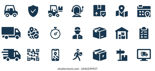 Expansive and Comprehensive Collection of Modern Flat Design Logistics and Delivery Icons, Perfectly Suited for Transportation, Advanced Warehouse Management, and Diverse E-commerce Services