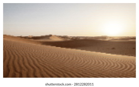 Expansive desert landscape with rolling sand dunes under warm sunset light layered with modern horizontal line pattern for unique background composition.