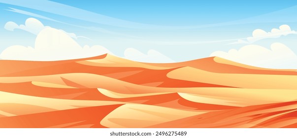Weite Wüstenlandschaft mit Dünen und blauem Himmel. Natur, Hintergrund, Vektorgrafik