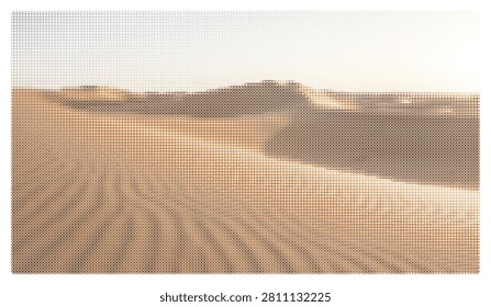Expansive desert landscape under serene morning sky, featuring rolling sand dunes bathed in warm sunlight, creating a tranquil arid environment.