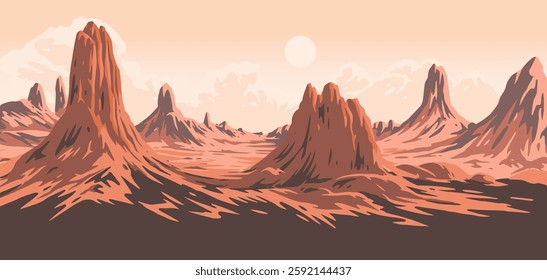 Expansive landscape features rugged rock formations under a warm sunset. Soft hues envelop the scene creating a tranquil atmosphere in this arid environment.