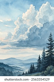 Expansive mountain range under a vibrant sky, featuring lush trees and dramatic clouds in a serene watercolor style.