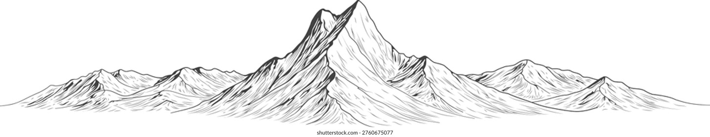 Expansive panoramic vector illustration of Machhapuchhre (Fishtail Mountain) integrated within a continuous Himalayan ridge composition. The artwork emphasizes natural ridge flow, layered peaks, and realistic mountain structure using refined linework. Designed for travel branding, editorial layouts, and large-format prints where a wide scenic composition is essential.