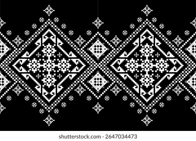 Expansive pixel art border pattern featuring ornate ethnic diamonds and geometric motifs in white on a stark black background. Ideal for textile designs, apparel borders, decorative digital elements.