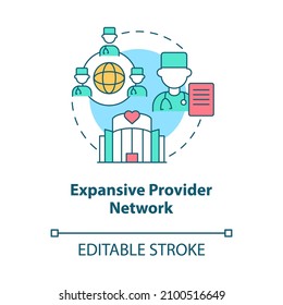 Expansive provider network concept icon. Corporate insurance abstract idea thin line illustration. Isolated outline drawing. Editable stroke. Roboto-Medium, Myriad Pro-Bold fonts used