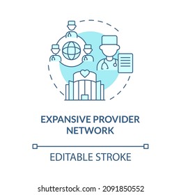 Expansive provider network turquoise concept icon. Firm reimbursement plan abstract idea thin line illustration. Isolated outline drawing. Editable stroke. Roboto-Medium, Myriad Pro-Bold fonts used