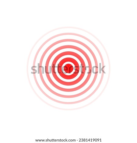 Expansive red wave. Sound icon. Red effect pulse isolated on white background. Signal radar. Pattern sonar. Vibration line design. Radial rays. Round ripple logo. Sonic waves. Vector illustration