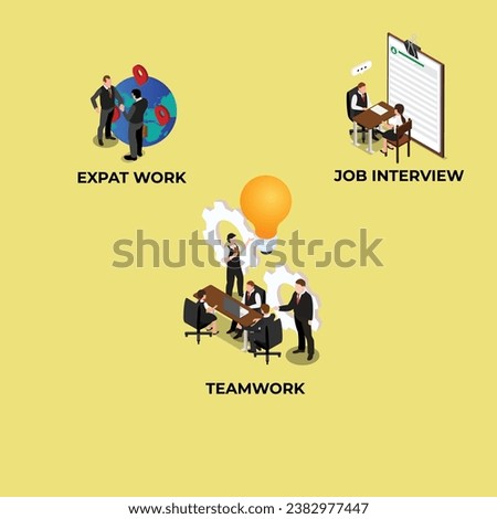 Expat work, internship, arrange appointment, apply for job, professional growth isometric 3d vector illustration concept