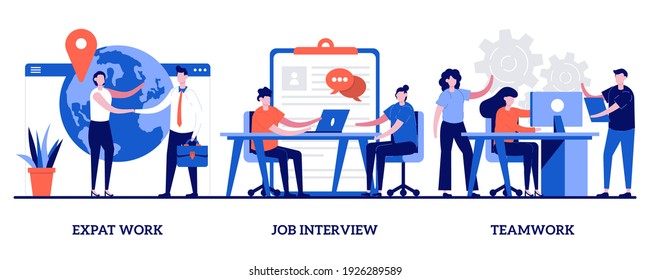 Expat Work, Job Interview, Teamwork Concept With Tiny People. Employment Stages Abstract Vector Illustration Set. Recruitment Service Searching Candidates, Coworkers Business Meeting Metaphor.