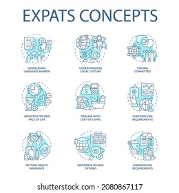 Expatrian los iconos de concepto azul establecidos. Ilustraciones de color de línea delgada de la idea de emigración. Trasladarse para trabajar y vivir. Cambiar el país de residencia. Nuevo idioma. Dibujos de contorno aislados por vectores. Trazo editable