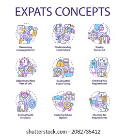 Los iconos de concepto de Expats se establecen. Ilustraciones de color de línea delgada de la idea de emigración. Trasladarse para trabajar y vivir. Cambiar el país de residencia. Nuevo idioma, cultura. Dibujos de contorno aislados por vectores. Trazo editable