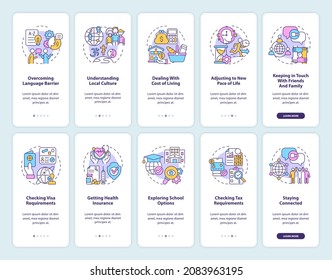 Expats onboarding mobile app page screen set. Struggles and adjusting walkthrough 5 steps graphic instructions with concepts. UI, UX, GUI vector template with linear color illustrations