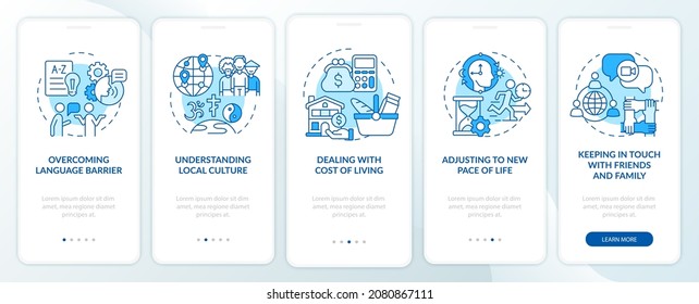 Expats struggles blue onboarding mobile app page screen. Overcoming difficulties walkthrough 5 steps graphic instructions with concepts. UI, UX, GUI vector template with linear color illustrations