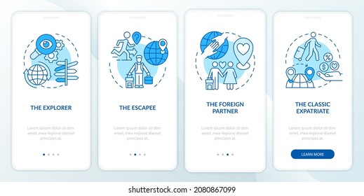 Los expatriados escriben la pantalla azul de la página de la aplicación móvil. Caminando por razones de desplazamiento al extranjero, se recorren 4 pasos de instrucciones gráficas con conceptos. UI, UX, plantilla de vector GUI con ilustraciones de color lineales