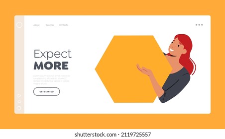 Expect More Landing Page Template. Smiling Woman Peeping From Behind Yellow Hexagon Shape. Stylish Positive Female Character Searching, Peeking or Seeking Something. Cartoon People Vector Illustration