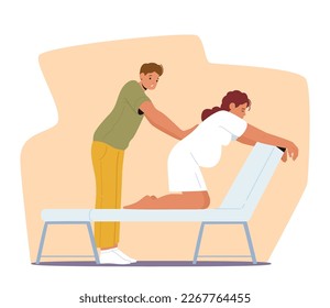 Expectant Couple Characters Preparing For Childbirth in Clinic. Husband Providing Soothing Back Massage To His Pregnant Wife. Care, Support During Pregnancy Concept. Cartoon People Vector Illustration