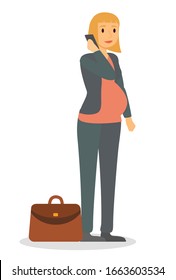 Expectant mother calling to partners discussing business issues with company. Pregnant woman working as manager or boss of organization. Female character, secretary job, vector in flat style