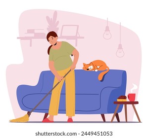 El Personaje De La Madre Embarazada Trapea Suavemente El Suelo, Sus Movimientos Cuidadosos Pero Elegantes, Una Serena Dedicación A La Limpieza En Medio De La Anticipación De La Vida Nueva. Ilustración vectorial de Personas de dibujos animados