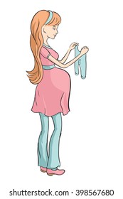 The expectant mother chooses the baby clothes. Vector Illustration of pregnant woman on shopping isolated on white background.