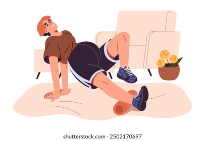 Expectant mother does sport exercises with foam roller indoor. Happy girl with belly does workout while pregnancy. Pregnant woman training, practice pilates. Flat isolated vector illustration on white