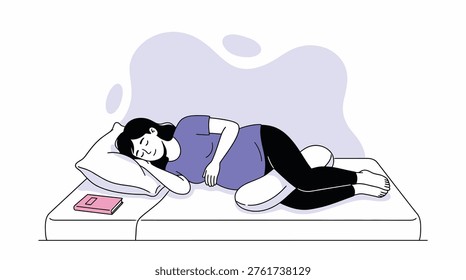 Expectant Mother Finding Restful Sleep with Supportive Pregnancy Pillow on Bed Illustration