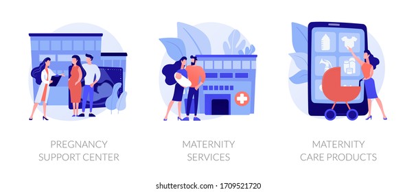 Expectant mother healthcare, safe pregnancy and childbirth. Pregnancy support center, maternity services, maternity care products metaphors. Vector isolated concept metaphor illustrations.