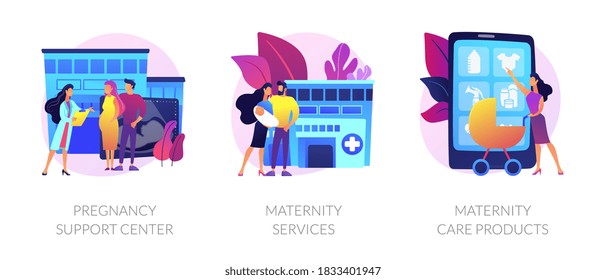 Expectant mother healthcare, safe pregnancy and childbirth. Pregnancy support center, maternity services, maternity care products metaphors. Vector isolated concept metaphor illustrations.