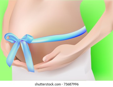 an expectant mother holds hands a stomach. there is a blue ribbon on a stomach