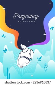 Expectant mother hugging her belly. Color illustration.