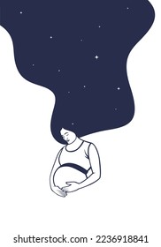 Expectant mother hugging her belly. Two color illustration.