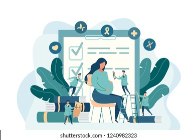 expectant mother, pregnant woman at the doctor's office. little doctors examine a pregnant girl. vector illustration in modern style