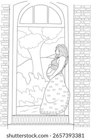 La madre expectante se para junto a la ventana, observando una escena tranquila de la naturaleza, representada como un dibujo de línea simple y elegante para colorear libros.
