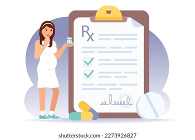 Expectant Mother stands near big Medical Prescription Clipboard. Pregnant Woman holding medication pill bottle in her hand and thinking about Doctor appointment. Vector flat style cartoon illustration