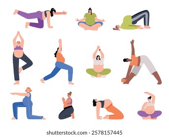 Expectant mothers practice yoga. Pregnants do special exercises, physical activity and stretching, healthy lifestyle, relaxation, vector set