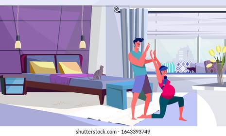 Expectant parent doing morning exercise together. Yoga, pet, tummy, home flat vector illustration. Pregnancy, activity, togetherness concept for banner, website design or landing web page