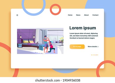 El padre esperado haciendo ejercicio matutino juntos. Yoga, mascota, barriga, ilustración vectorial plana en casa. Embarazo, actividad, concepto de unión para banner, diseño de sitio web o página web de aterrizaje
