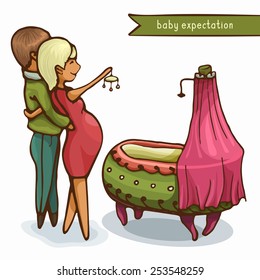 The expectant parents with baby mobile next to the crib. Vector illustration.