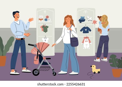 Expectant parents in children store. Pregnant woman and her husband choose baby clothes. Couple in love shopping. Mother and father make purchases for newborn toddler