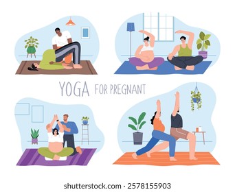 Expectant parents practice yoga together. Happy couple does stretching exercises, husband helps pregnant wife, child waiting, vector set