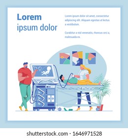 Expectant Parents in Ultrasound Office. Obstetrician, Investigating Pregnant Woman on Bed. Supporting Father, Discussing Unborn Babys First Image. Flat Vector Banner with Copy Space for Extra Text.