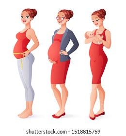 Expectant woman measuring belly, working pregnant businesswoman, mother holding her newborn baby. Pregnancy before and after. Vector illustration isolated on white background.