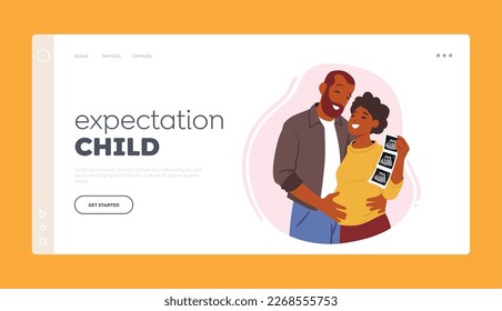 Expectation Child Landing Page Template. Happy Couple Of Husband And Wife Prepare Become Parents. Man Embracing Pregnant Woman With Ultrasound Image. Cartoon People Vector Illustration