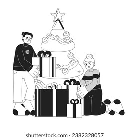 Expectation Christmas day black and white cartoon flat illustration. Happy couple wrapping xmas presents linear 2D characters isolated. Wintertime new year tradition monochromatic scene vector image