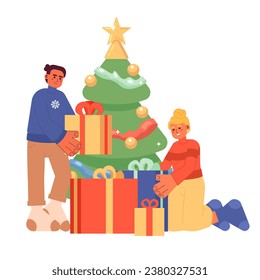 Expectation Christmas day cartoon flat illustration. Happy couple wrapping xmas presents 2D characters isolated on white background. Wintertime fir new year tradition scene vector color image
