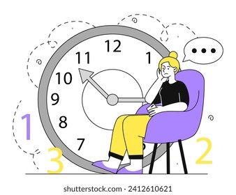 Expectation near clock linear concept. Woman sitting at chair and wait for right time. Responsible workeer or businesswoman. Doodle flat vector illustration isolated on white background