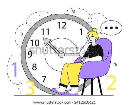 Expectation near clock linear concept. Woman sitting at chair and wait for right time. Responsible workeer or businesswoman. Doodle flat vector illustration isolated on white background